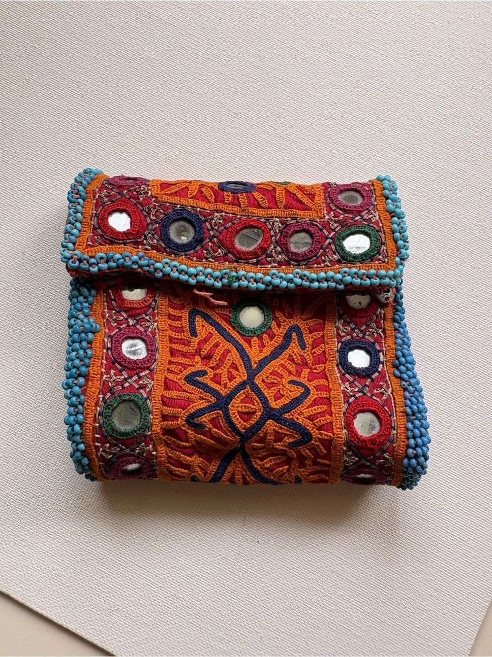 Handcrafted Embroidered Orange & Turquoise Women's Wallet Clutch